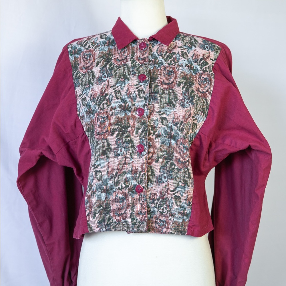 980's Burgundy Jacquard Tapestry Blouse with Victorian Floral Panels